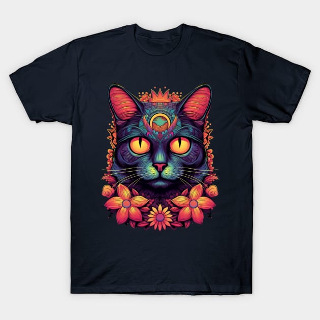 Colorful Abstract Cat and Flowers Design T-Shirt by Studio Red Koala